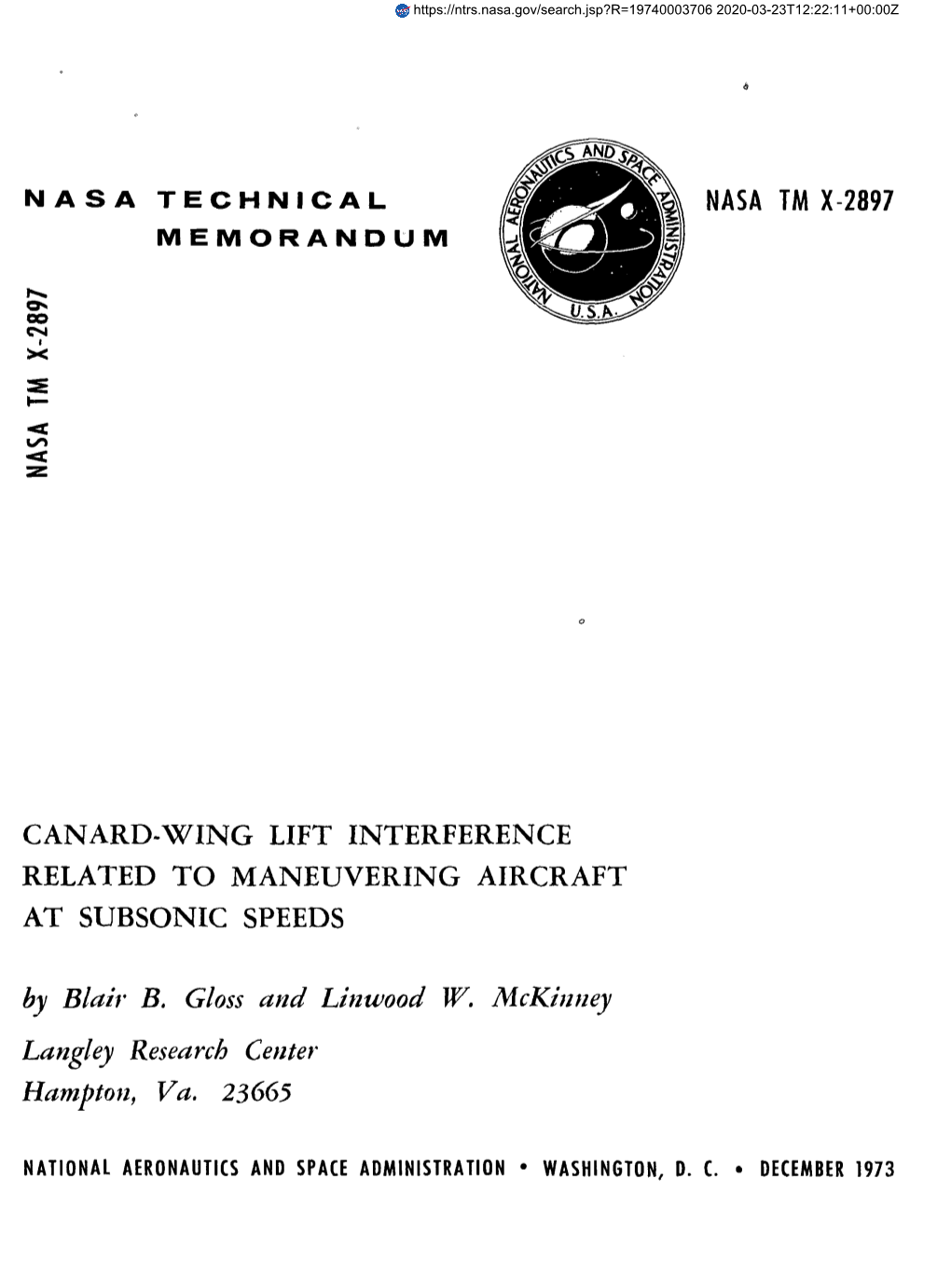 CANARD.WING LIFT INTERFERENCE RELATED to MANEUVERING AIRCRAFT at SUBSONIC SPEEDS by Blair B