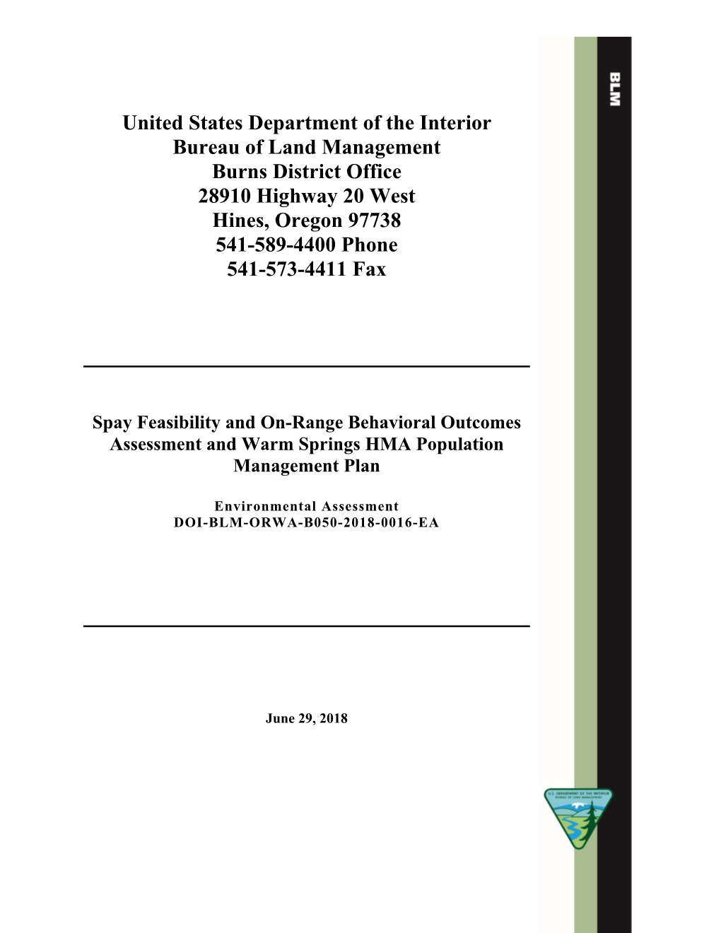 Environmental Assessment DOI-BLM-ORWA-B050-2018-0016-EA