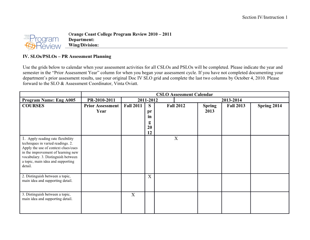 IV. Slos/Pslos PR Assessment Planning