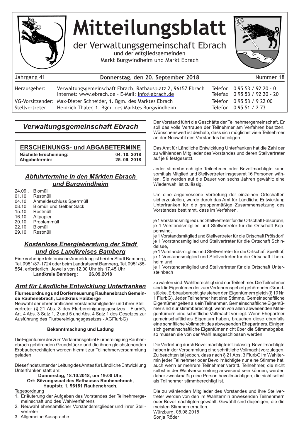 Mitteilungsblatt Der Verwaltungsgemeinschaft Ebrach Und Der Mitgliedsgemeinden Markt Burgwindheim Und Markt Ebrach