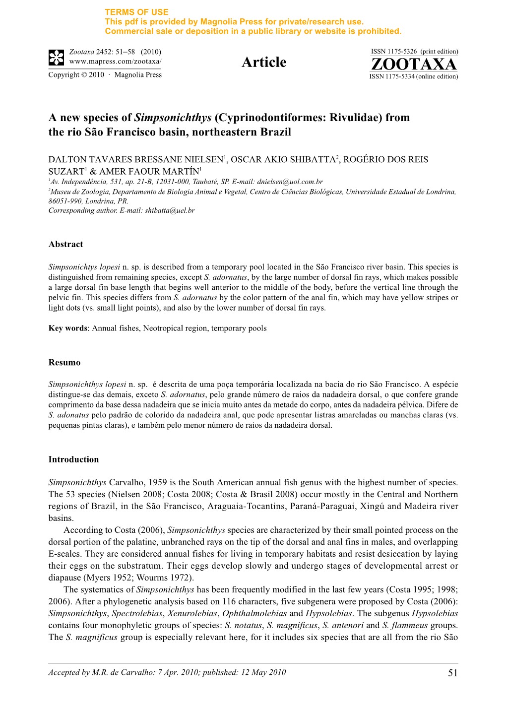 Zootaxa, a New Species of Simpsonichthys