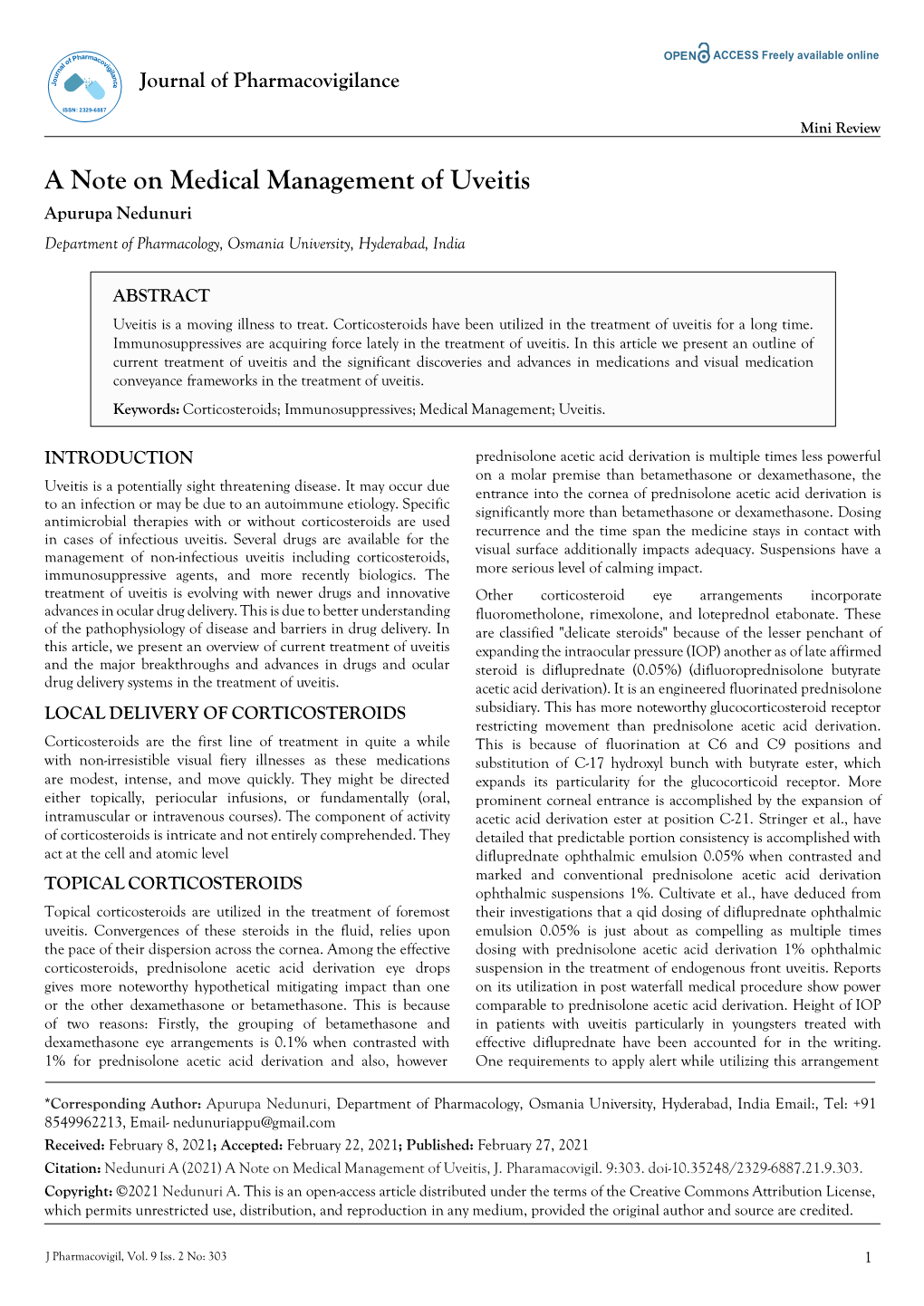 A Note on Medical Management of Uveitis Apurupa Nedunuri Department of Pharmacology, Osmania University, Hyderabad, India