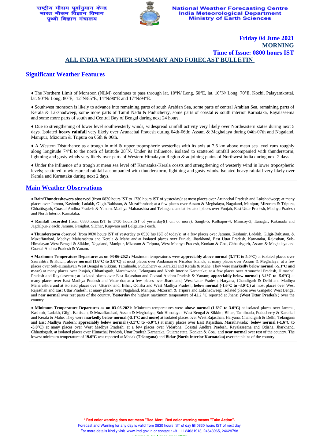 Friday 04 June 2021 MORNING Time of Issue: 0800 Hours IST ALL INDIA WEATHER SUMMARY and FORECAST BULLETIN