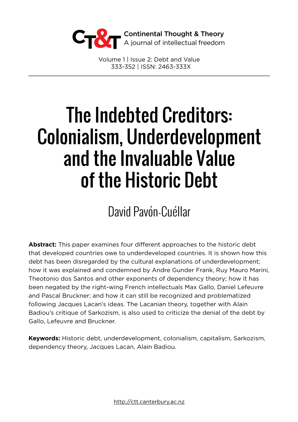 The Indebted Creditors: Colonialism, Underdevelopment and the Invaluable Value of the Historic Debt