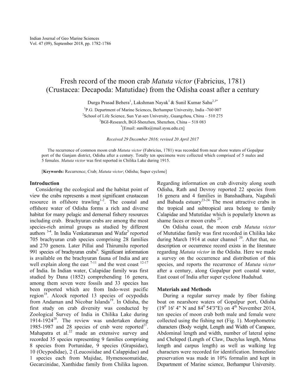 Fresh Record of the Moon Crab Matuta Victor (Fabricius, 1781) (Crustacea: Decapoda: Matutidae) from the Odisha Coast After a Century