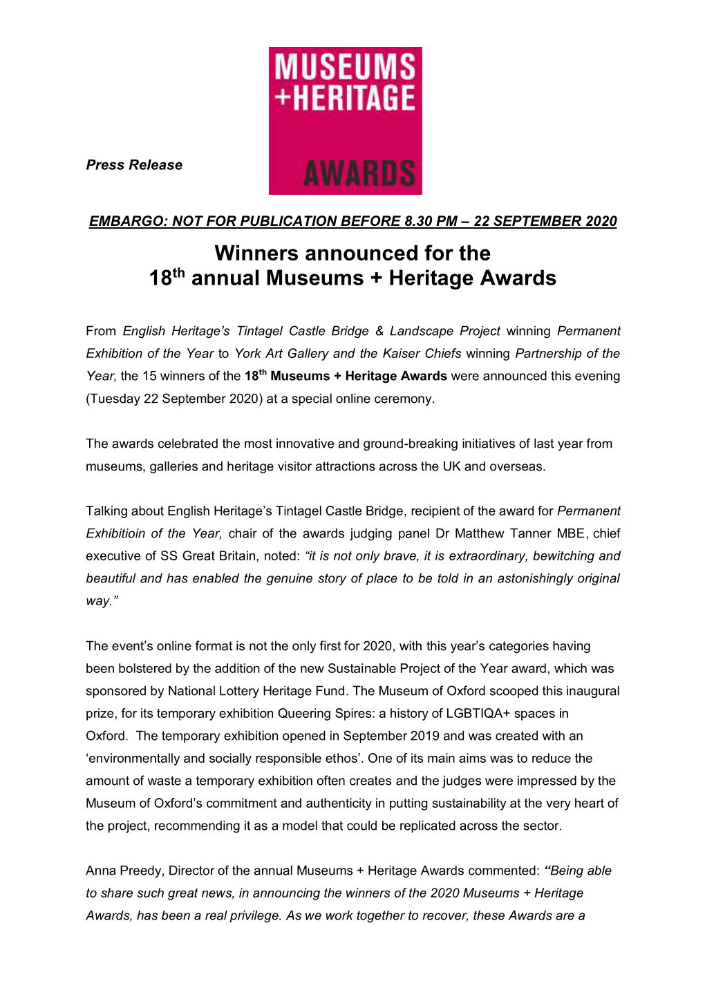 Winners Announced for the 18Th Annual Museums + Heritage Awards