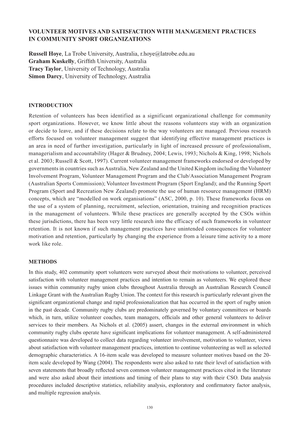 Volunteer Motives and Satisfaction with Management Practices in Community Sport Organizations