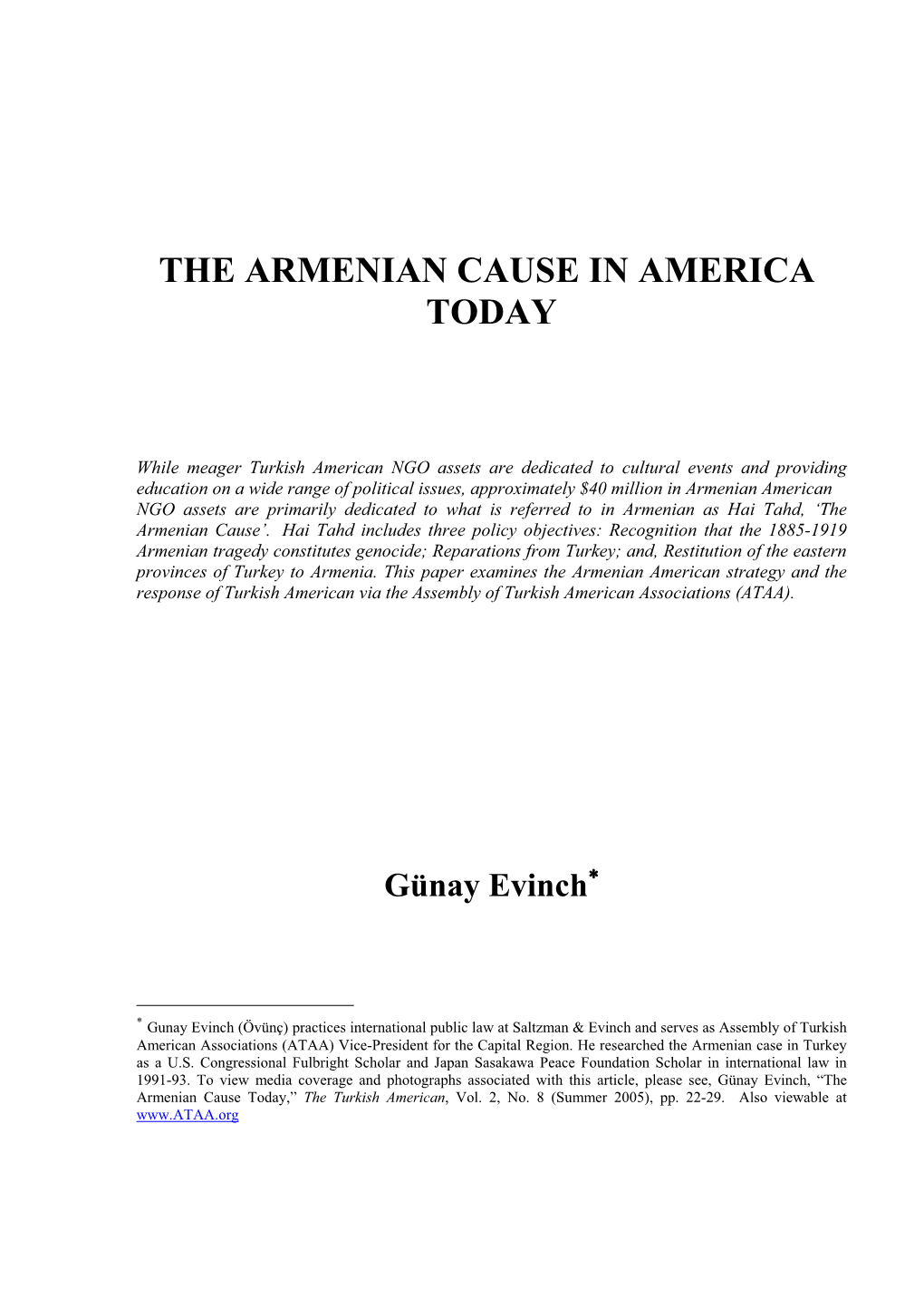 The Armenian Cause in America Today