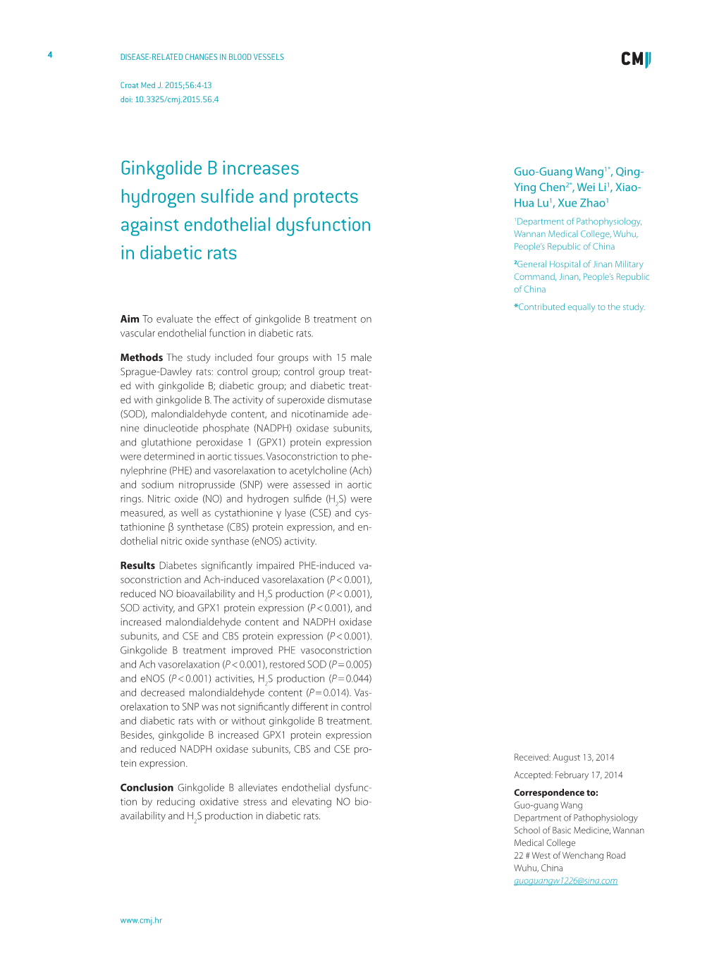 Ginkgolide B Increases Hydrogen Sulfide and Protects Against Endothelial Dysfunction in Diabetic Rats