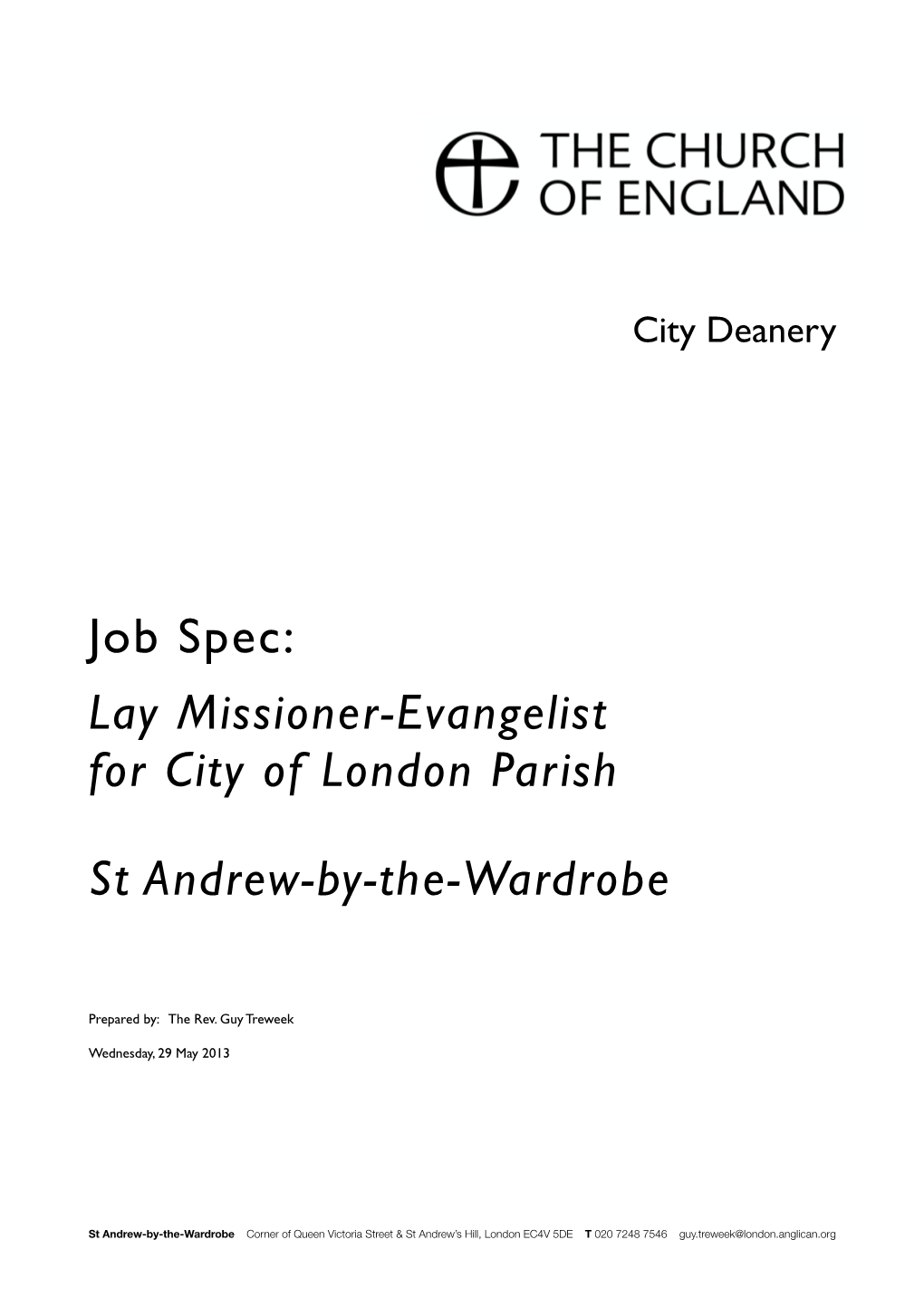 Job Spec: Lay Missioner-Evangelist for City of London Parish St Andrew