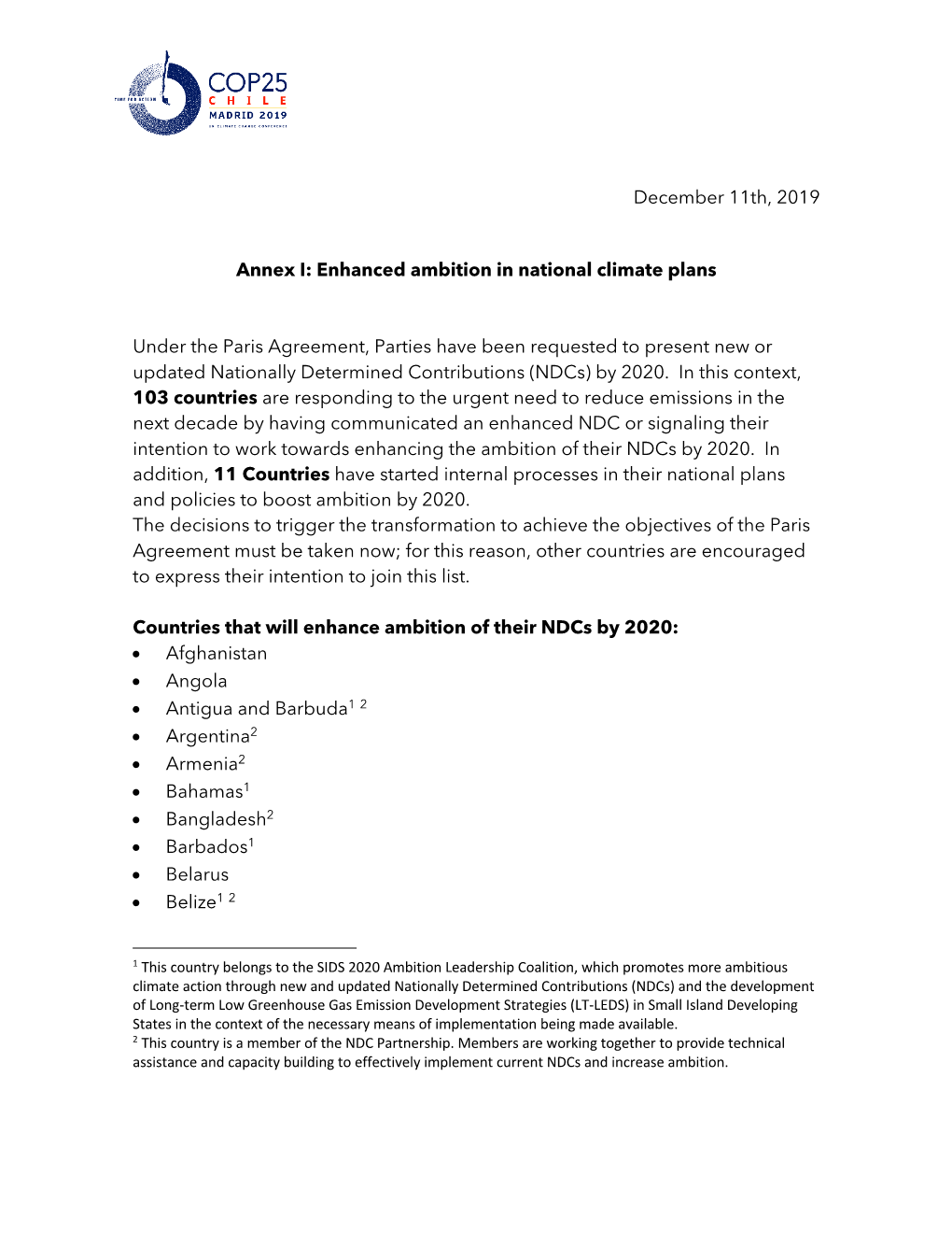 December 11Th, 2019 Annex I: Enhanced Ambition in National Climate Plans Under the Paris Agreement, Parties Have Been Requested