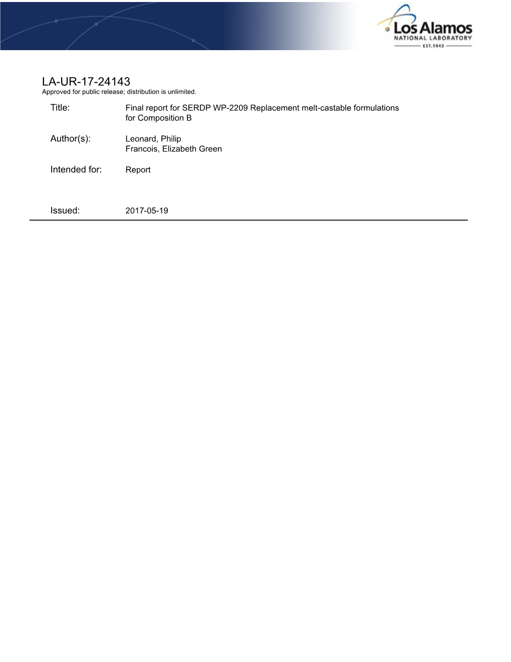 Final Report for SERDP WP-2209 Replacement Melt-Castable Formulations for Composition B