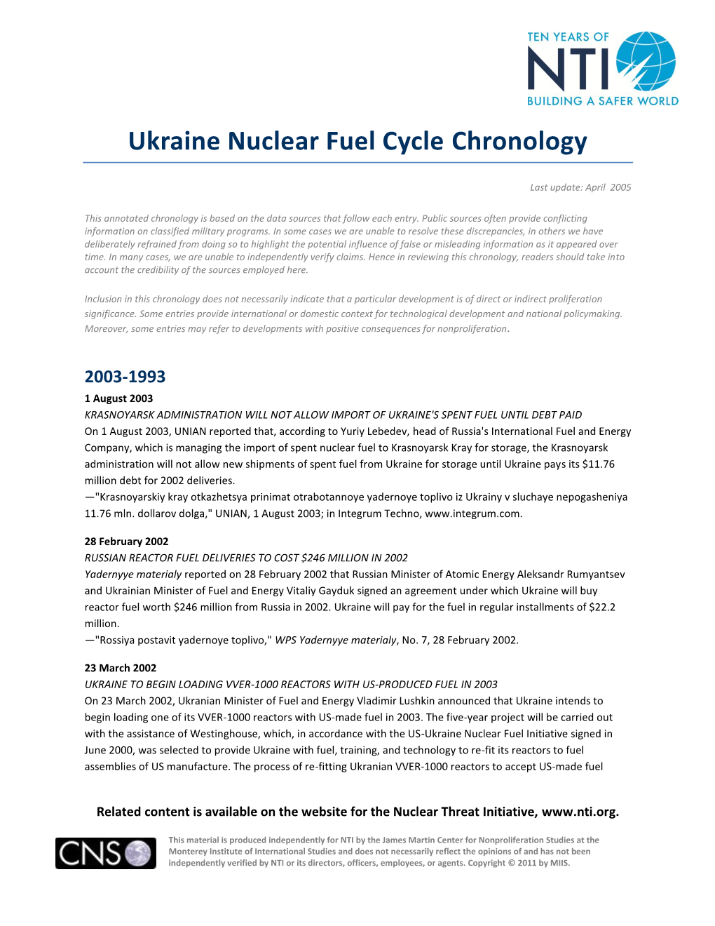Ukraine Nuclear Fuel Cycle Chronology