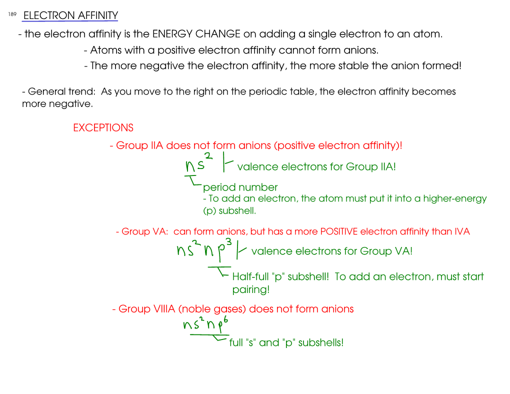 ELECTRON AFFINITY - the Electron Affinity Is the ENERGY CHANGE on Adding a Single Electron to an Atom