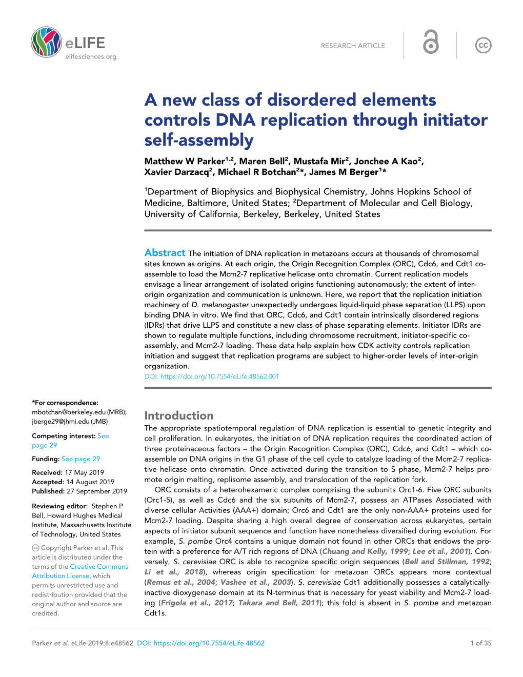 A New Class of Disordered Elements Controls DNA Replication Through