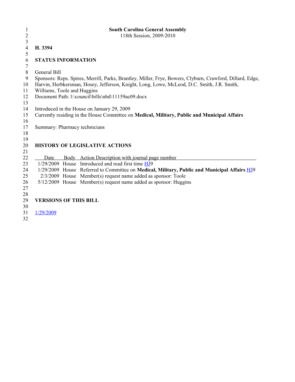 2009-2010 Bill 3394: Pharmacy Technicians - South Carolina Legislature Online