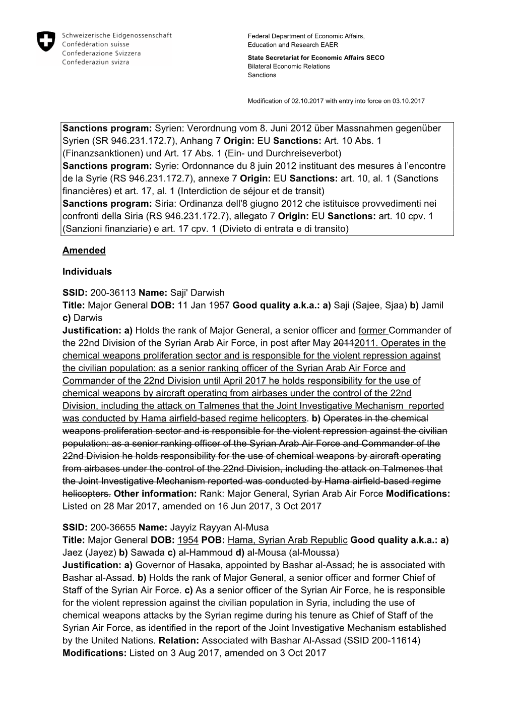 Sanctions Program: Syrien: Verordnung Vom 8. Juni 2012 Über Massnahmen Gegenüber Syrien (SR 946.231.172.7), Anhang 7 Origin: EU Sanctions: Art