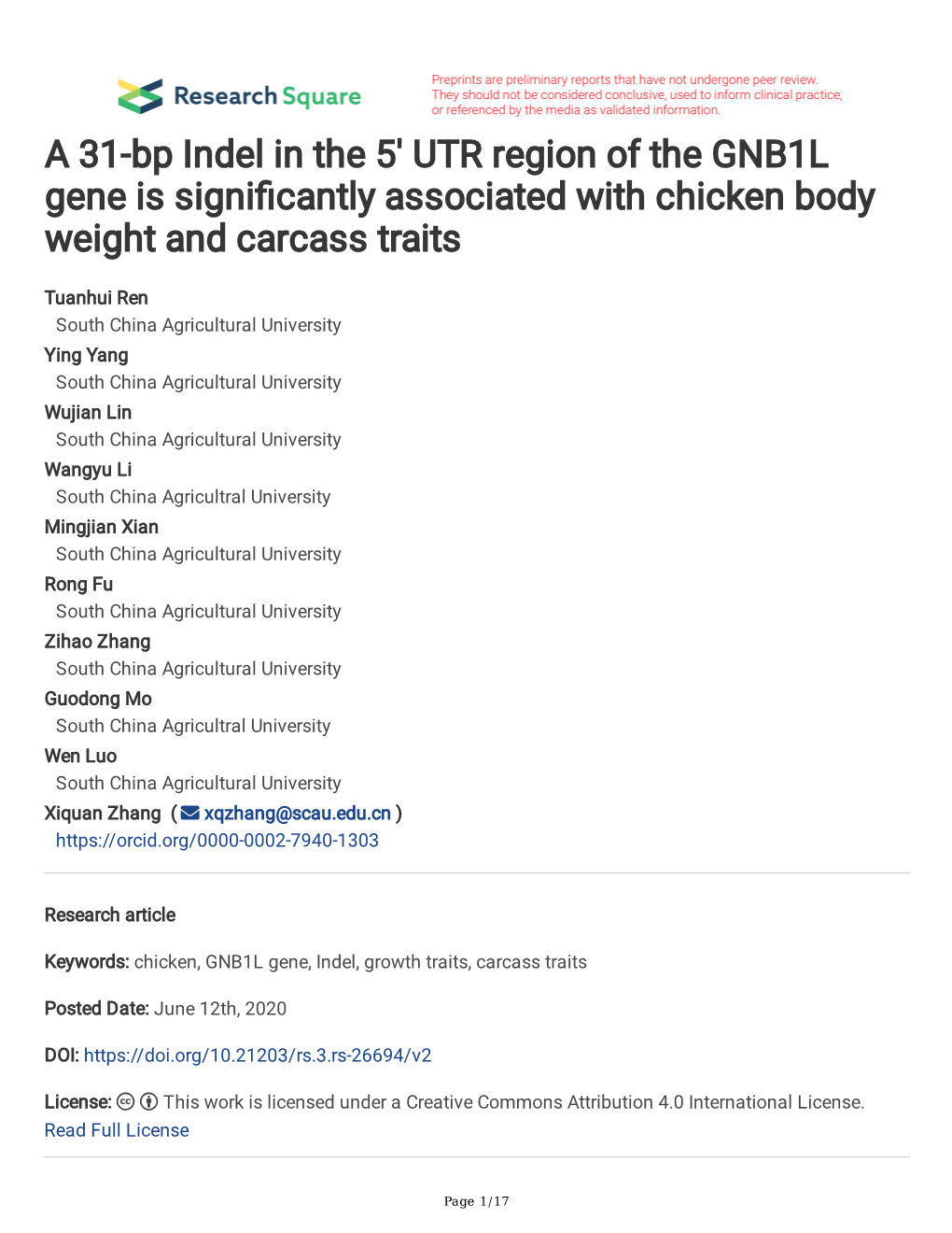 A 31-Bp Indel in the 5' UTR Region of the GNB1L Gene Is Signi Cantly