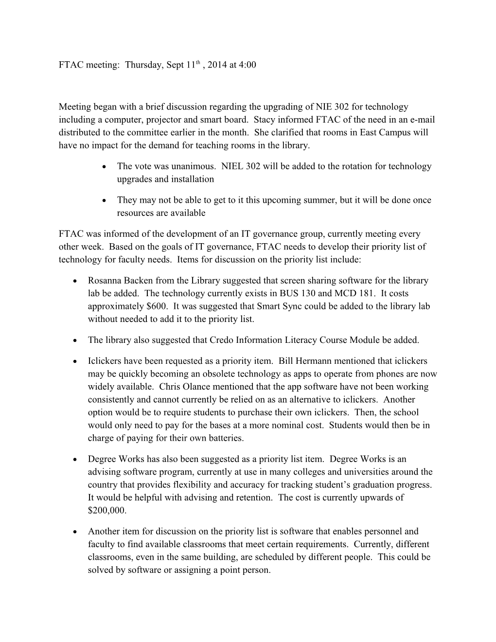 FTAC Meeting: Thursday, Sept 11Th , 2014 at 4:00