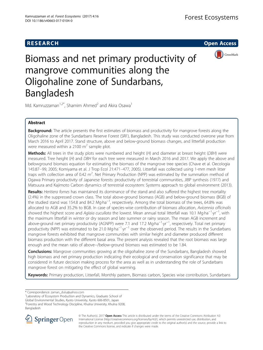 Biomass and Net Primary Productivity of Mangrove Communities Along the Oligohaline Zone of Sundarbans, Bangladesh Md