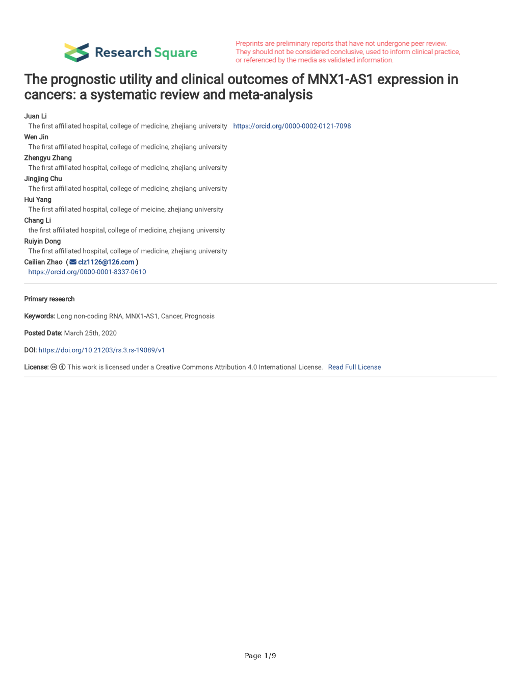 The Prognostic Utility and Clinical Outcomes of MNX1-AS1 Expression in Cancers: a Systematic Review and Meta-Analysis