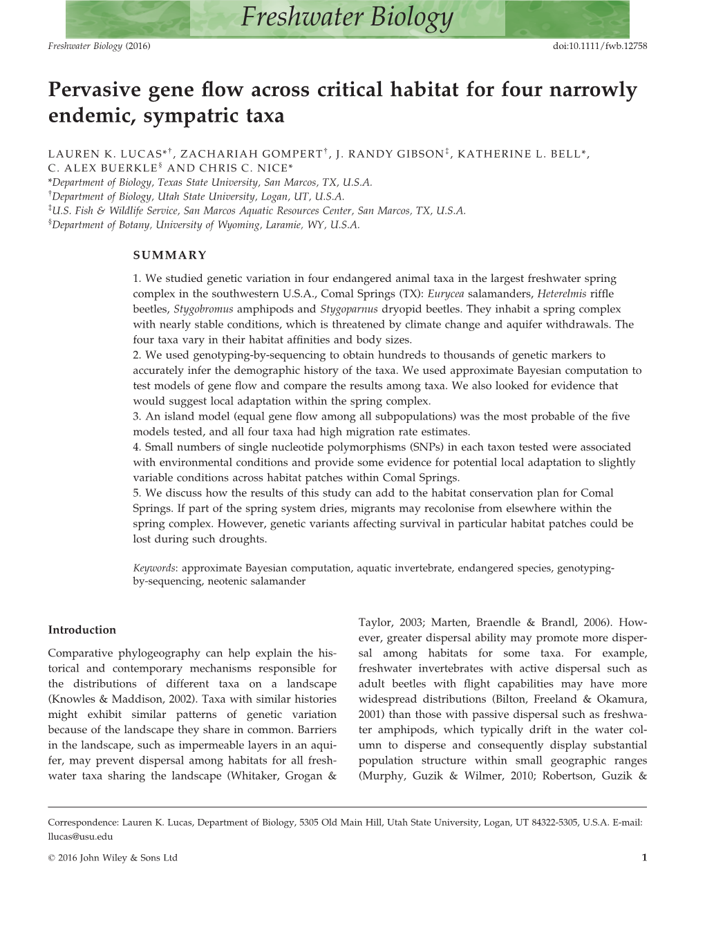 Pervasive Gene Flow Across Critical Habitat for Four Narrowly Endemic