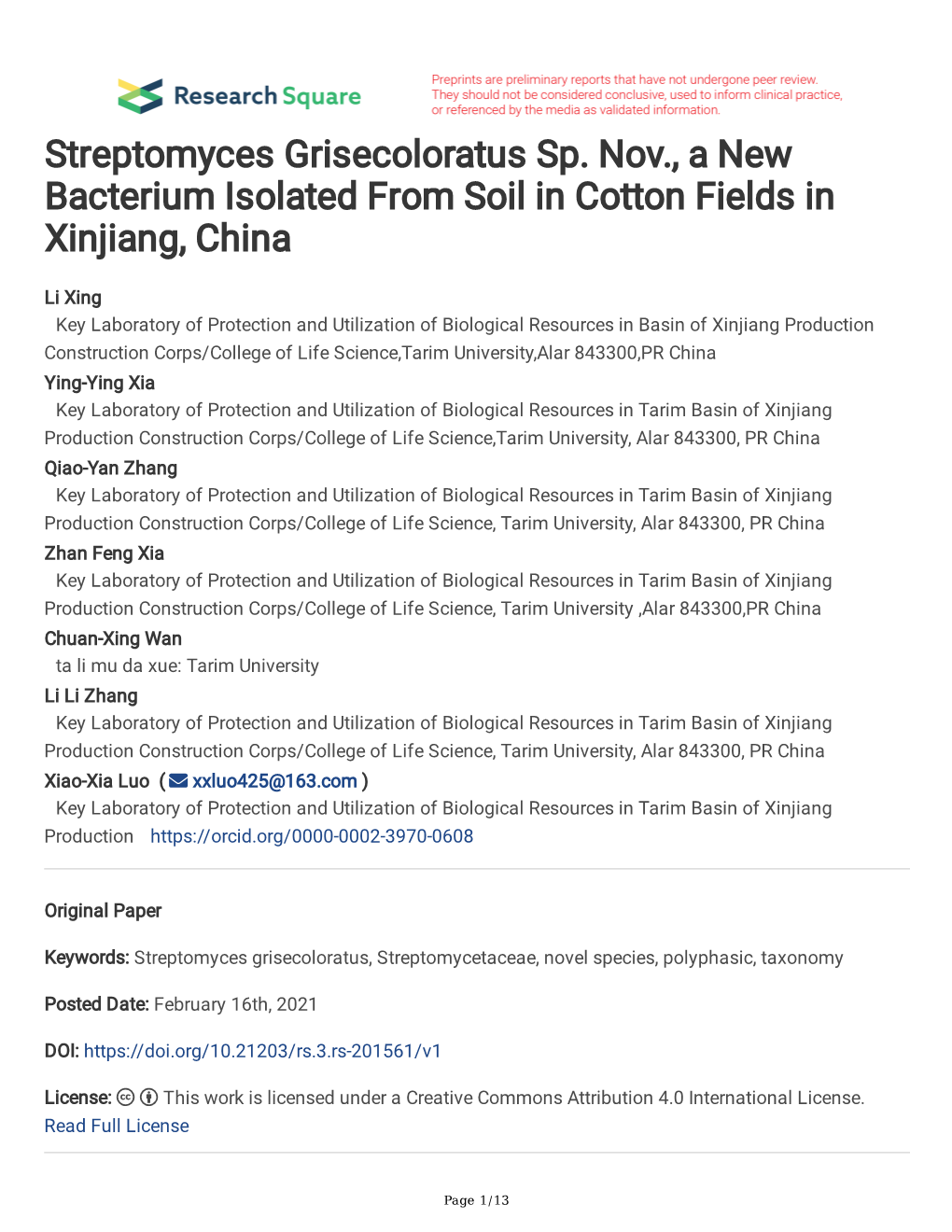 Streptomyces Grisecoloratus Sp. Nov., a New Bacterium Isolated from Soil in Cotton Fields in Xinjiang, China