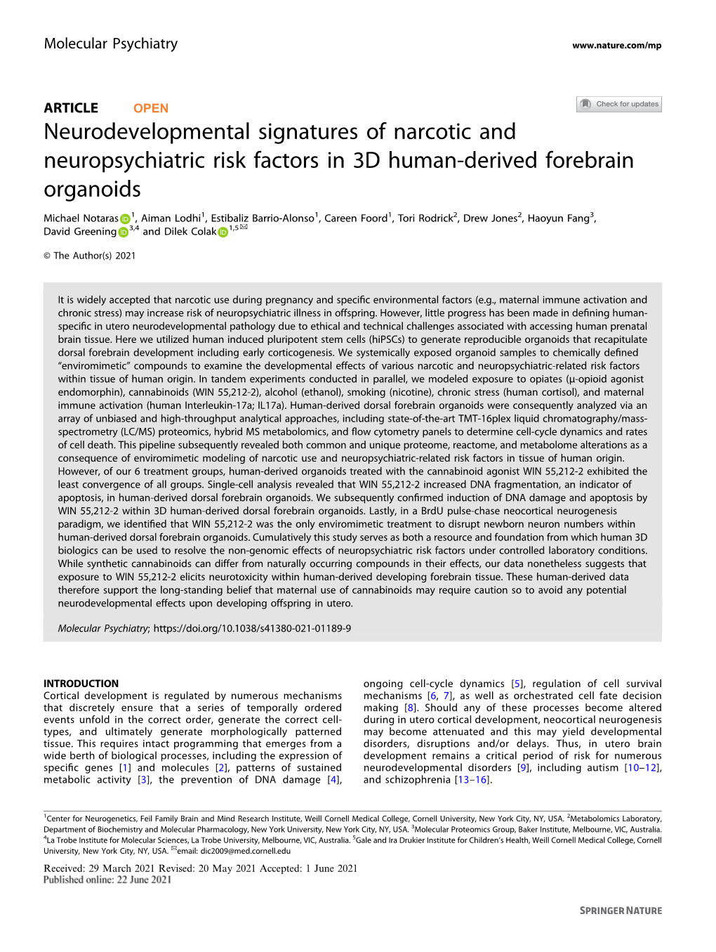 Neurodevelopmental Signatures of Narcotic and Neuropsychiatric Risk Factors in 3D Human-Derived Forebrain Organoids