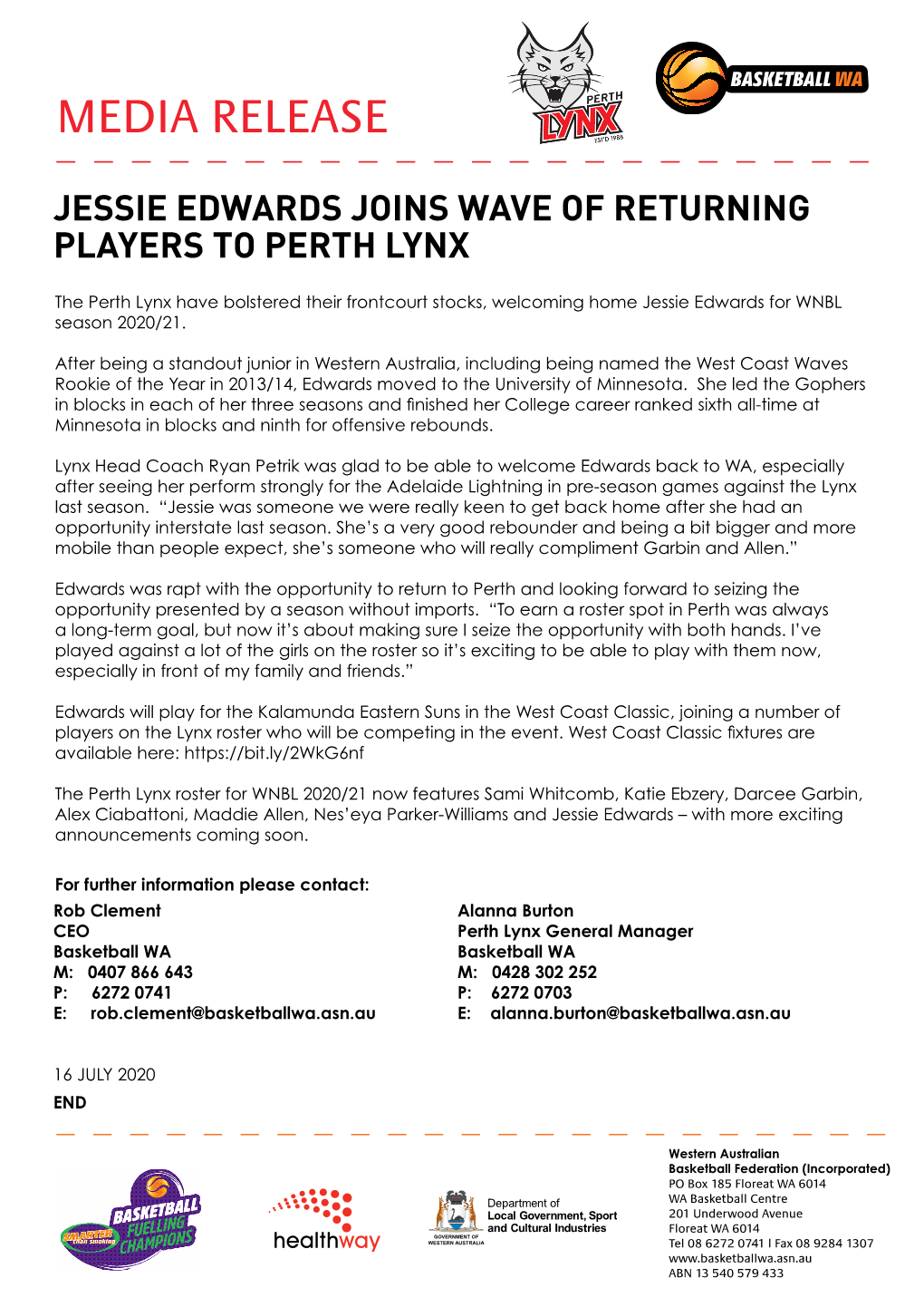 Media Release – WNBL Perth Lynx