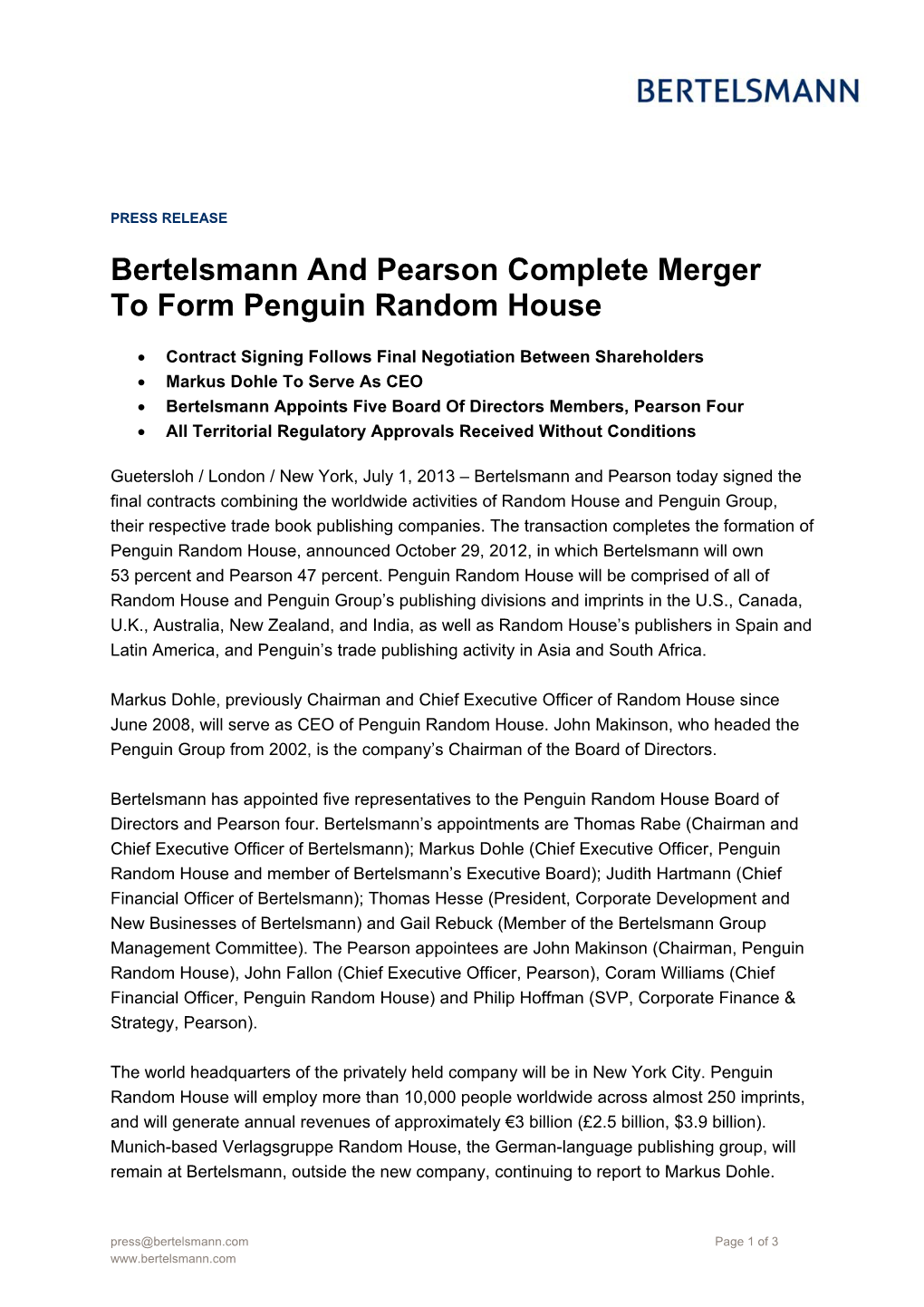 Bertelsmann and Pearson Complete Merger to Form Penguin Random House