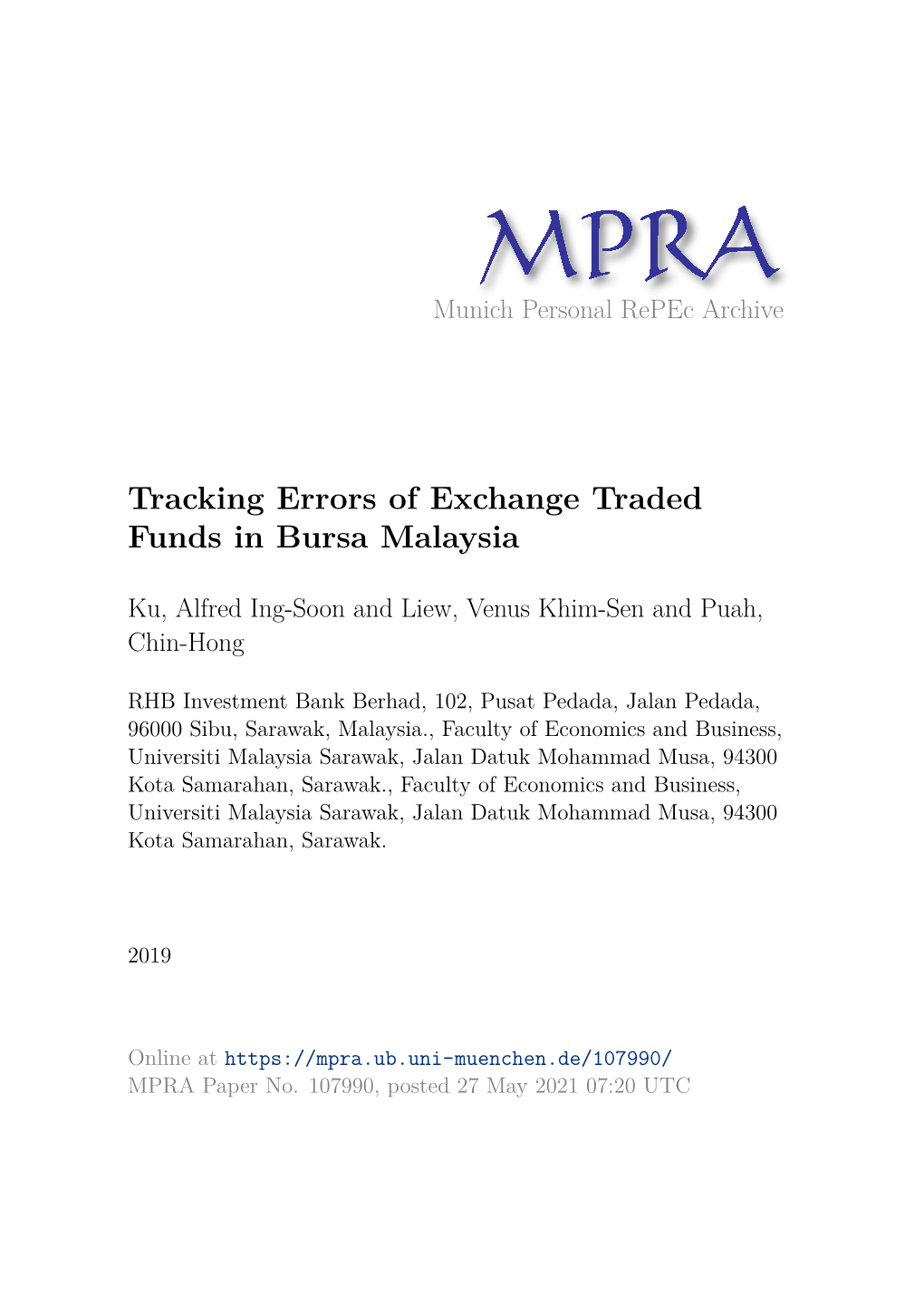 Tracking Errors of Exchange Traded Funds in Bursa Malaysia