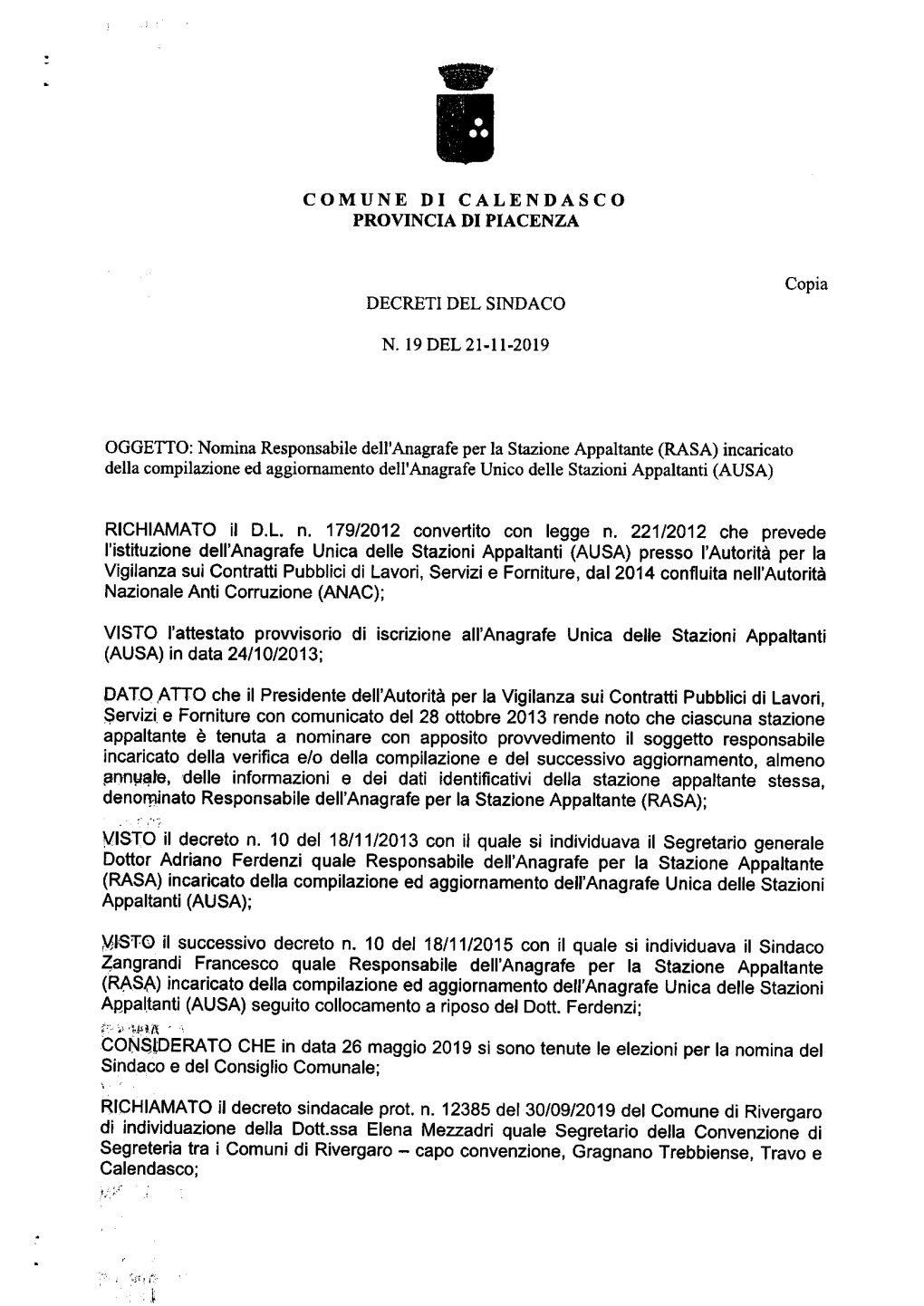 Decreto Sindacale 19-2019 Nomina RASA