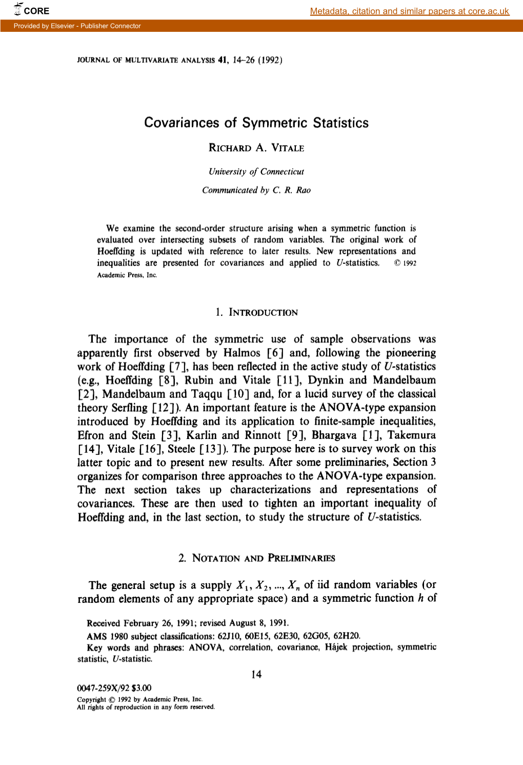 Covariances of Symmetric Statistics