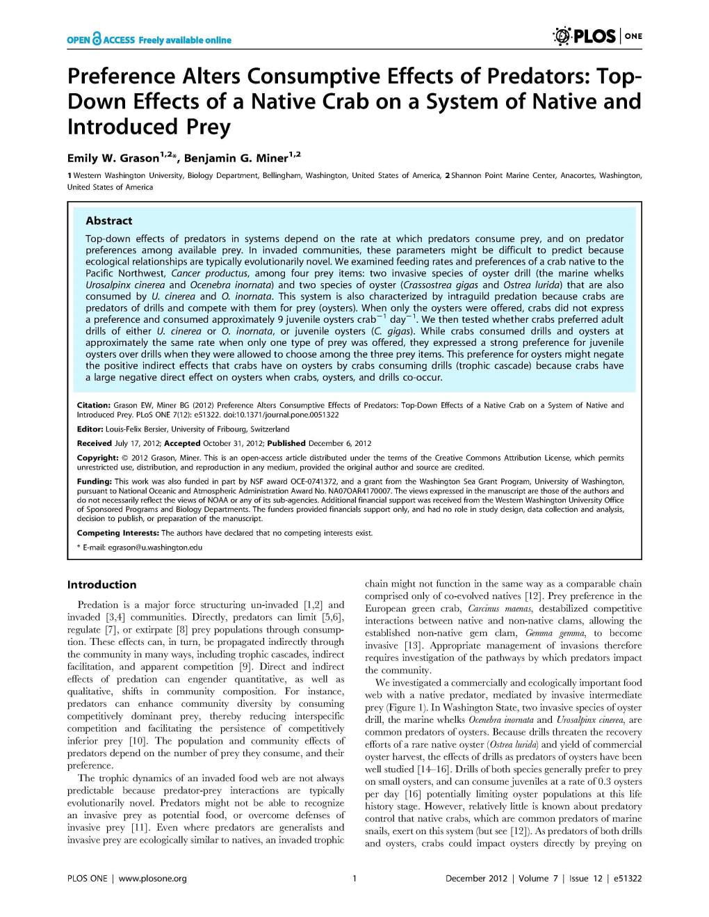 Down Effects of a Native Crab on a System of Native and Introduced Prey Emilyw