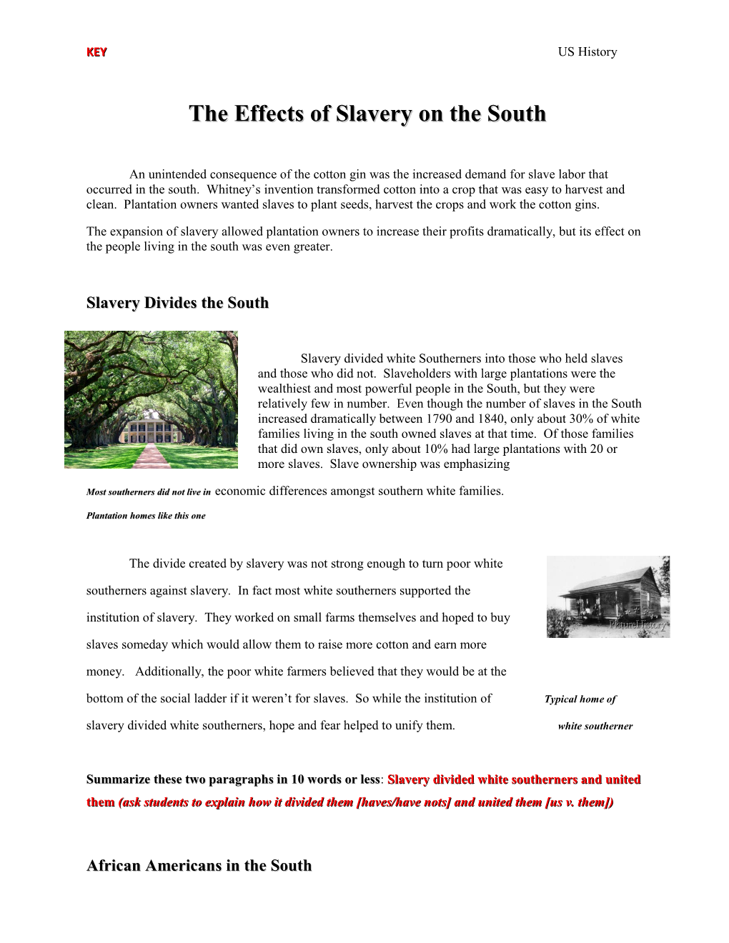 The Effects of Slavery on the South