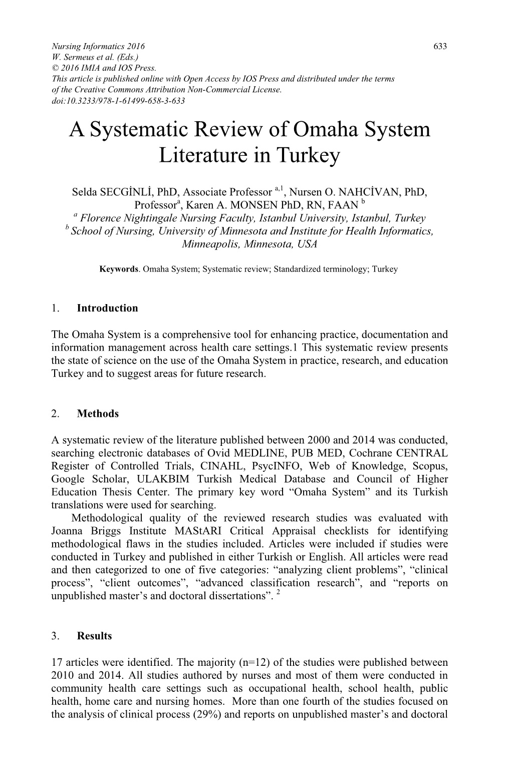 A Systematic Review of Omaha System Literature in Turkey
