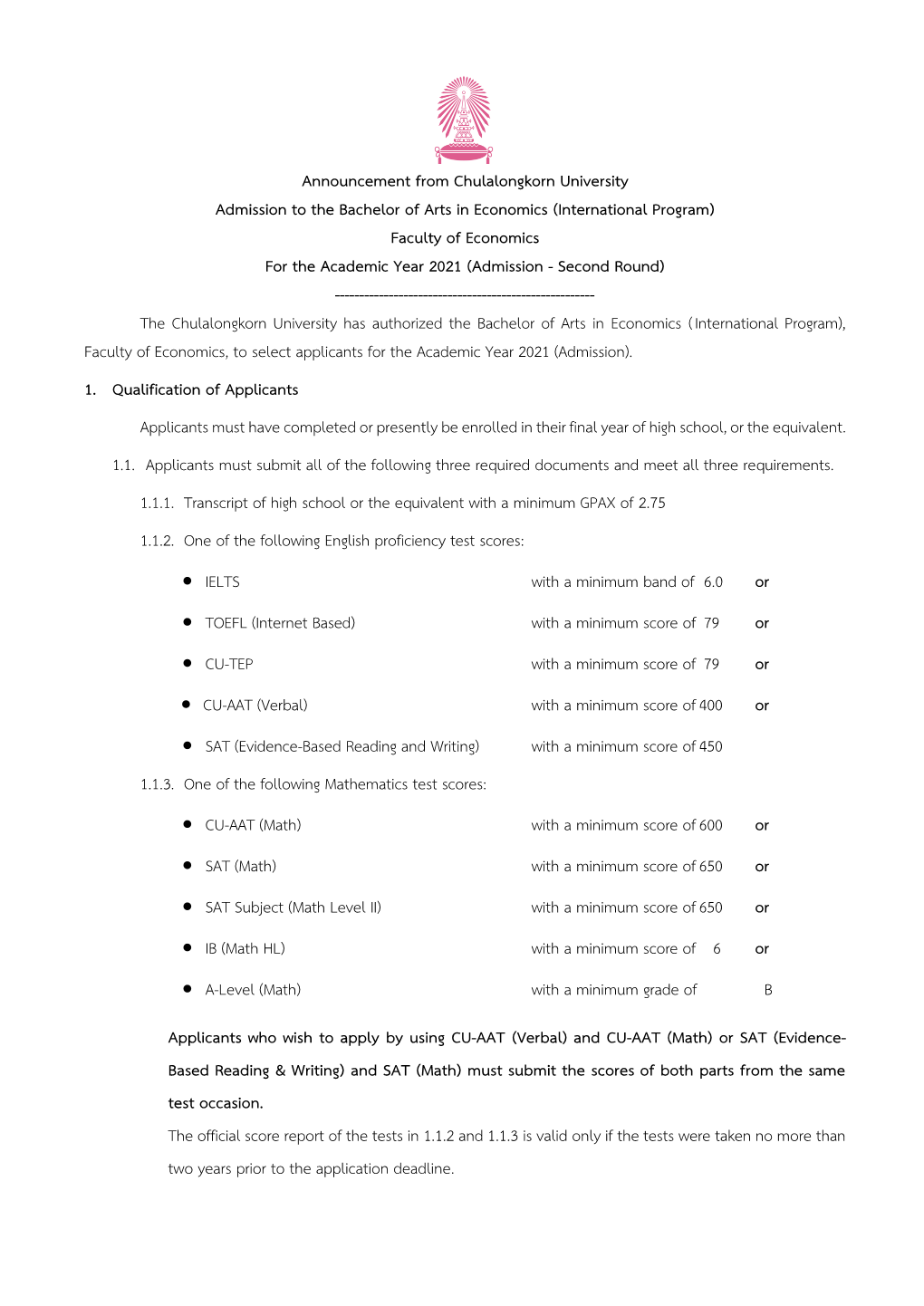 Official Chulalongkorn University Announcement on Admission Process