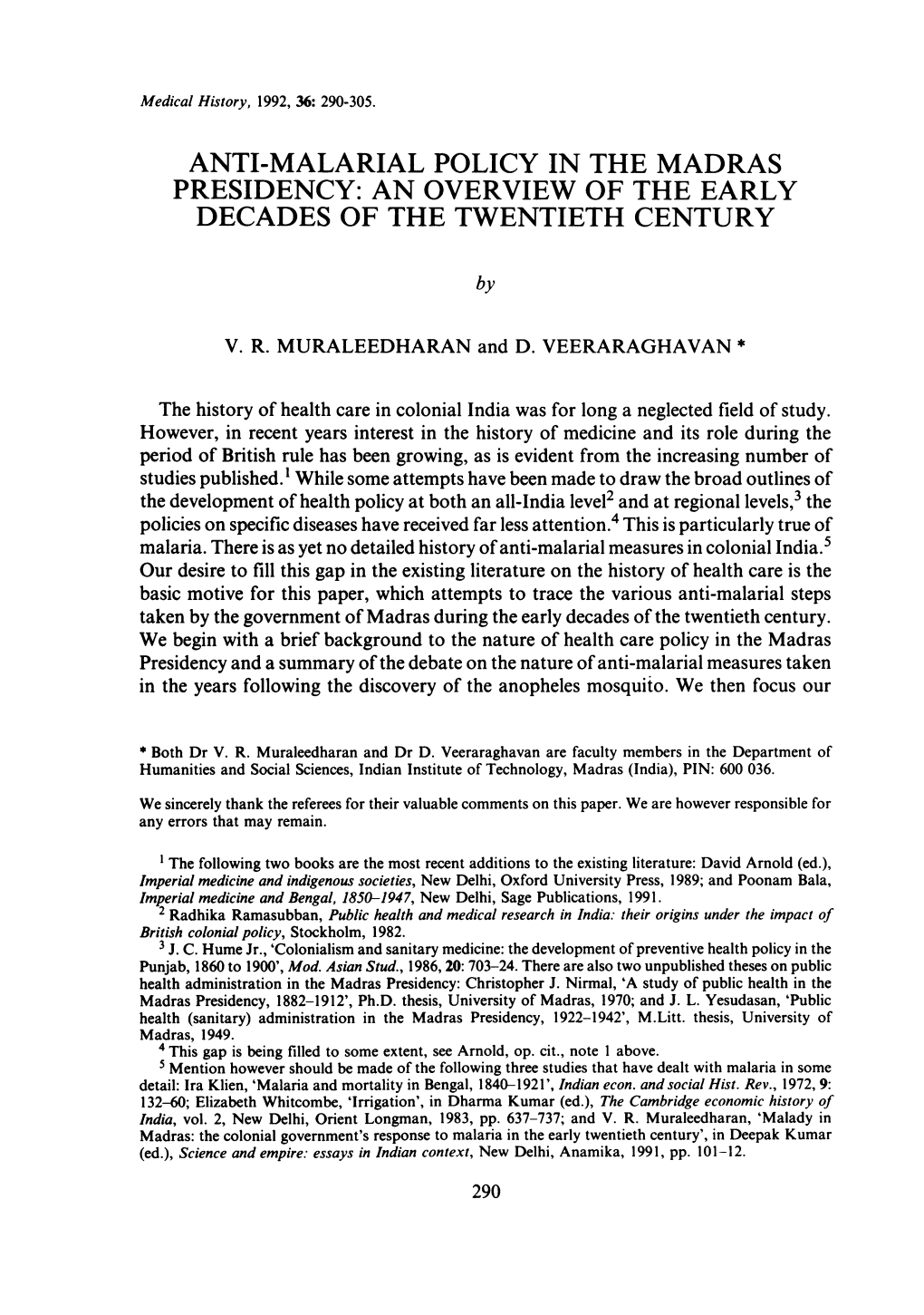 Anti-Malarial Policy in the Madras Presidency: an Overview of the Early Decades of the Twentieth Century