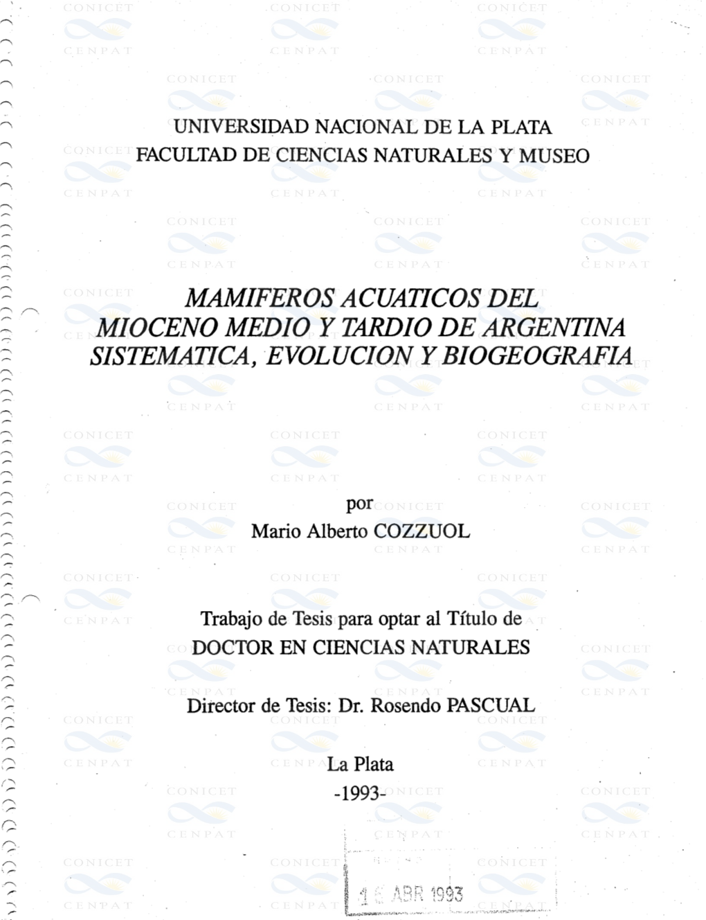 Mamiferosacuat/Cosdel Mioceno Medio Y Tardio De Argentina