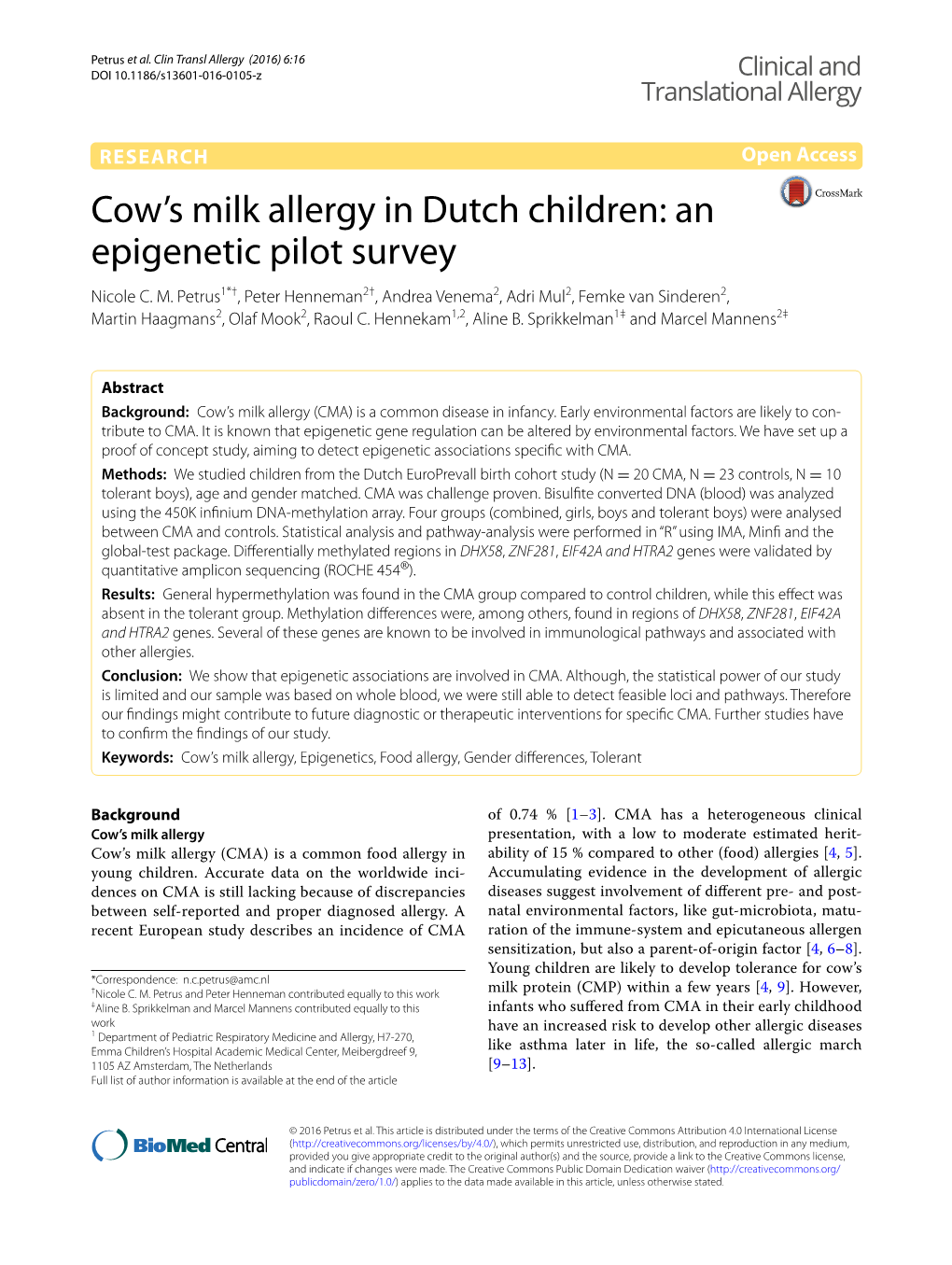 Cow's Milk Allergy in Dutch Children