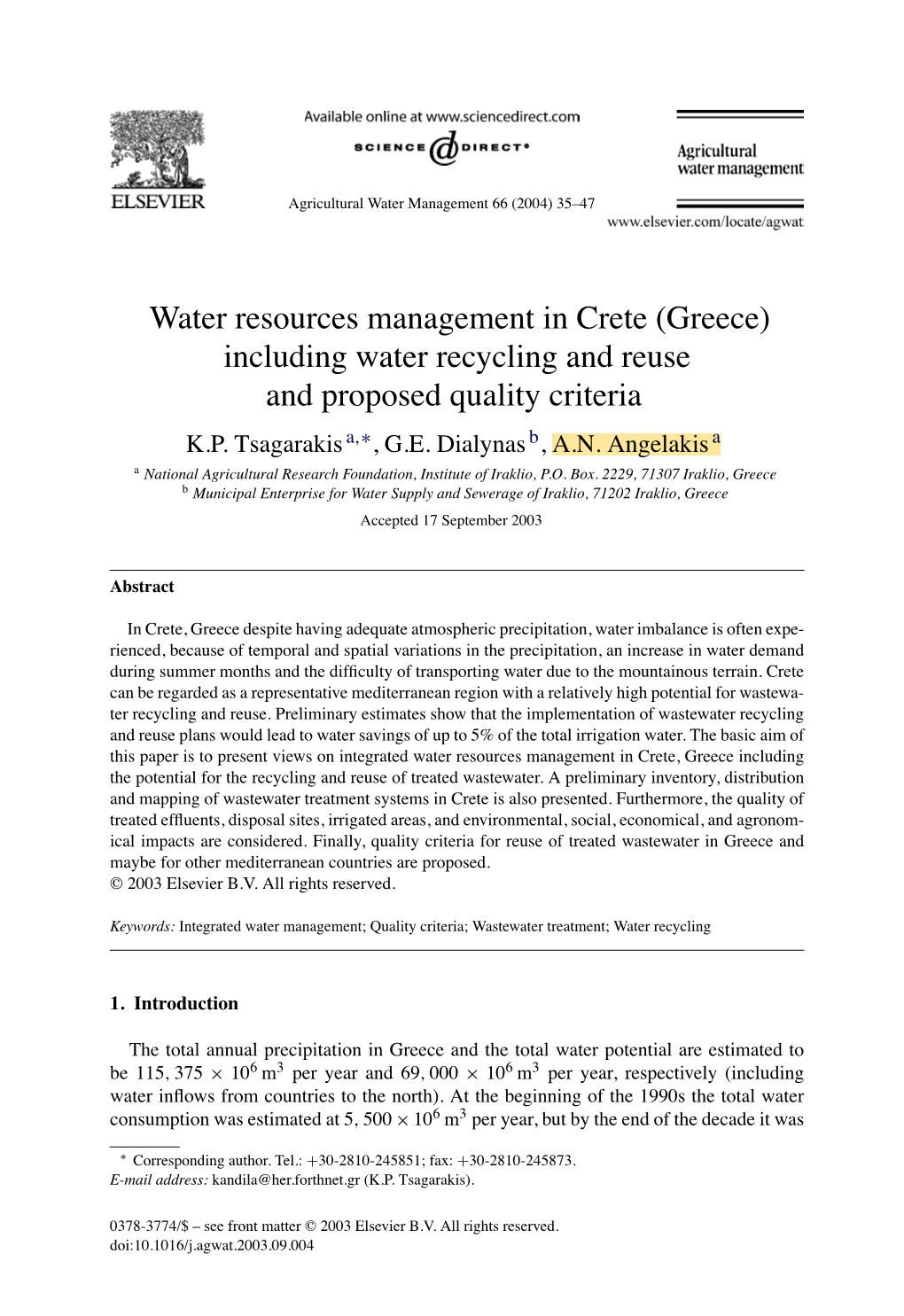 Water Resources Management in Crete (Greece) Including Water Recycling and Reuse and Proposed Quality Criteria A, B a K.P