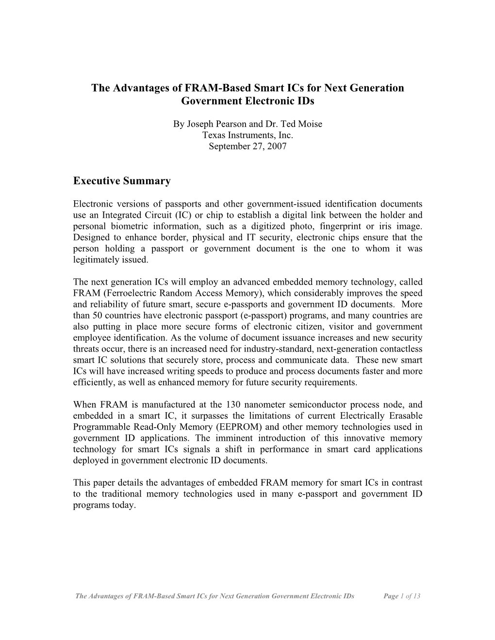 The Advantages of FRAM-Based Smart Ics for Next Generation Government Electronic Ids