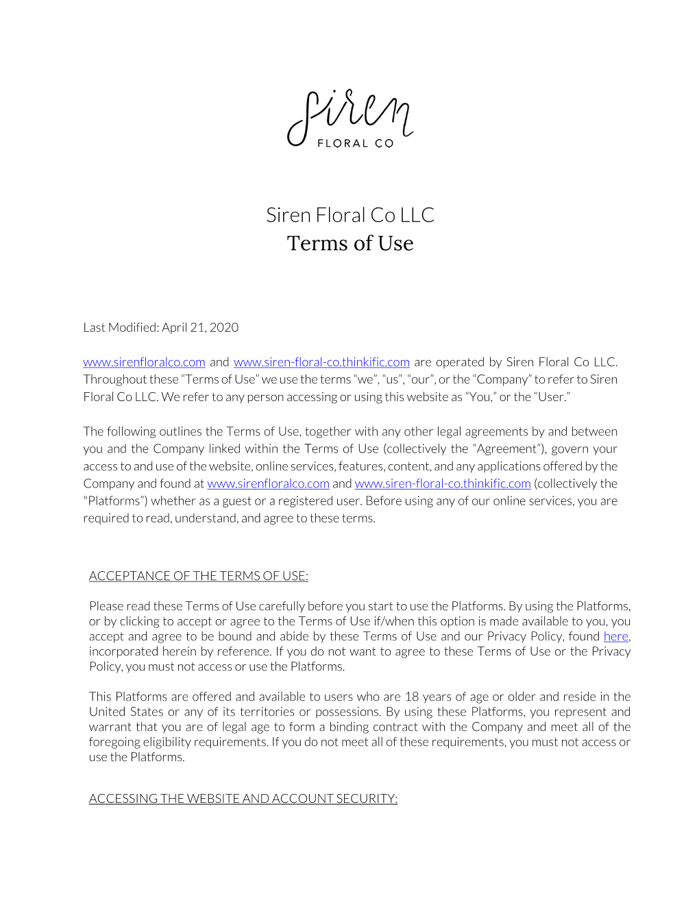 Siren Floral Co LLC Terms of Use