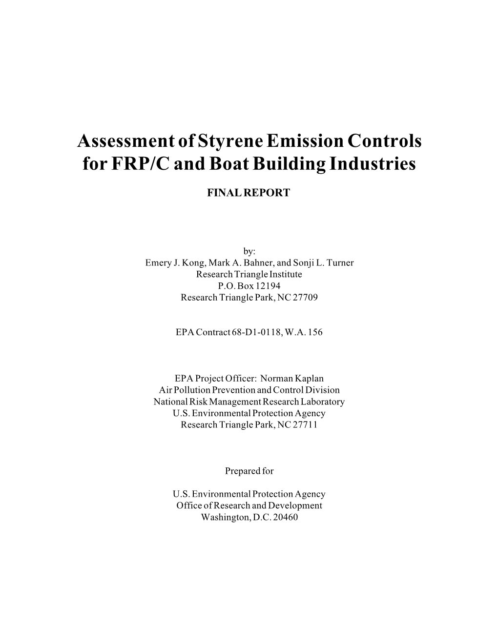 Assessment of Styrene Emission Controls for FRP/C