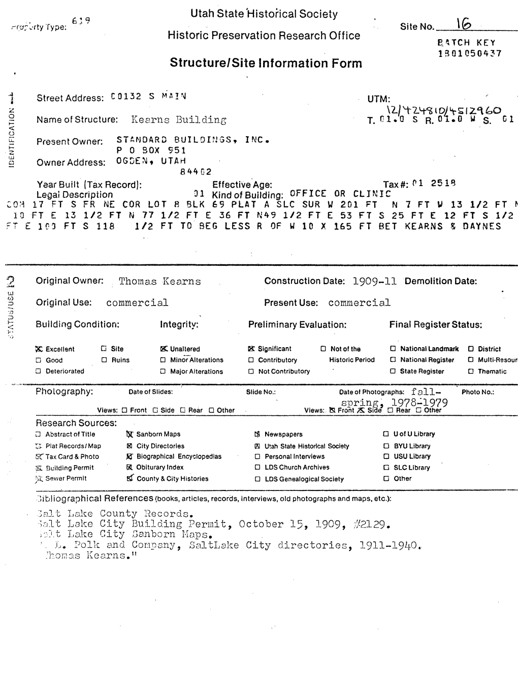 Structure/Site Information Form Spring. 1978-1979