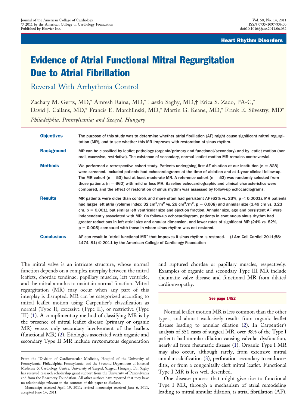 Evidence of Atrial Functional Mitral Regurgitation Due to Atrial Fibrillation Reversal with Arrhythmia Control