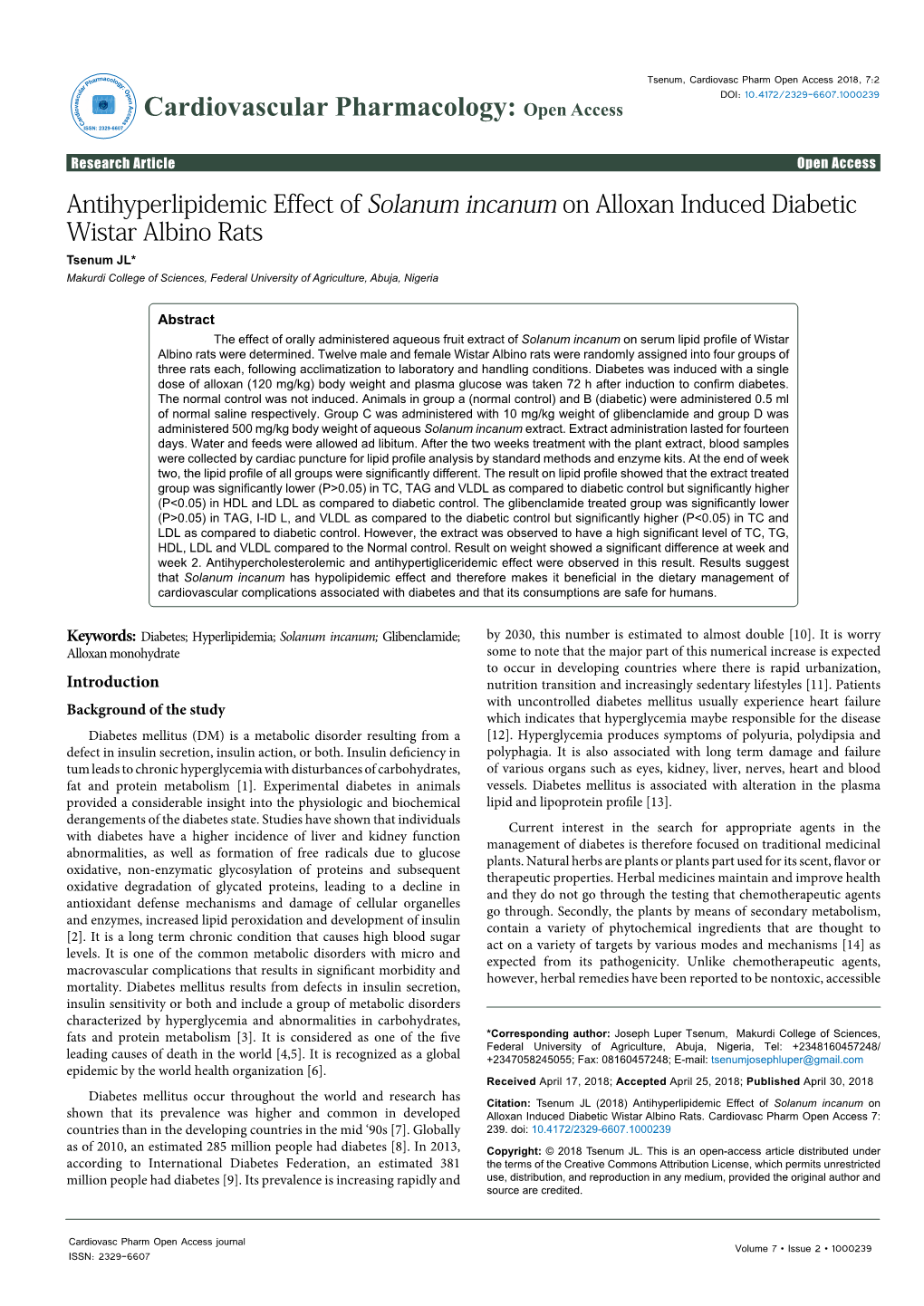 Antihyperlipidemic Effect of Solanum Incanum on Alloxan Induced