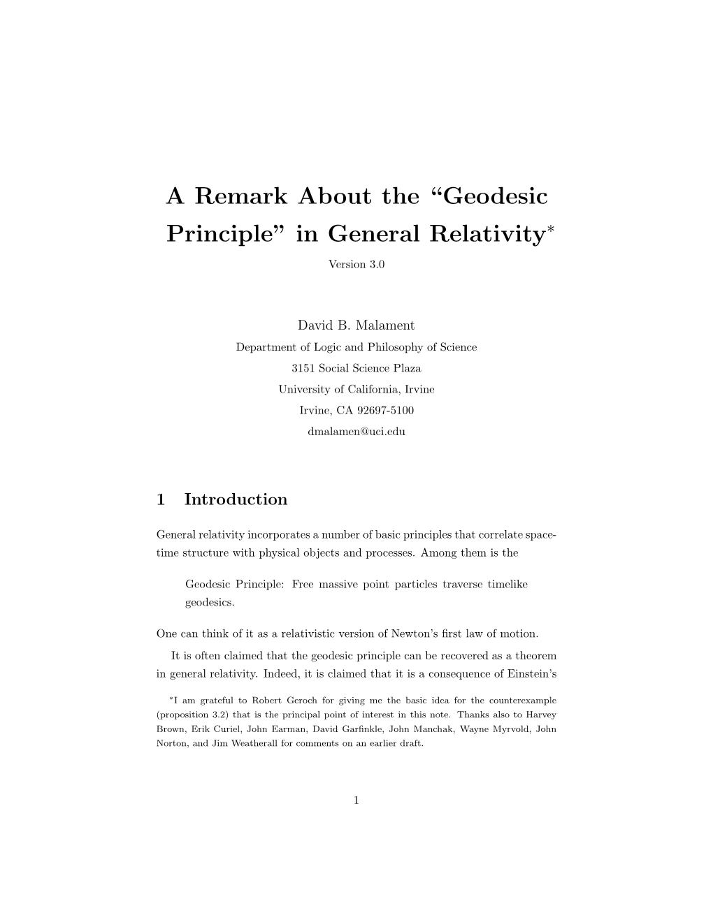 “Geodesic Principle” in General Relativity∗