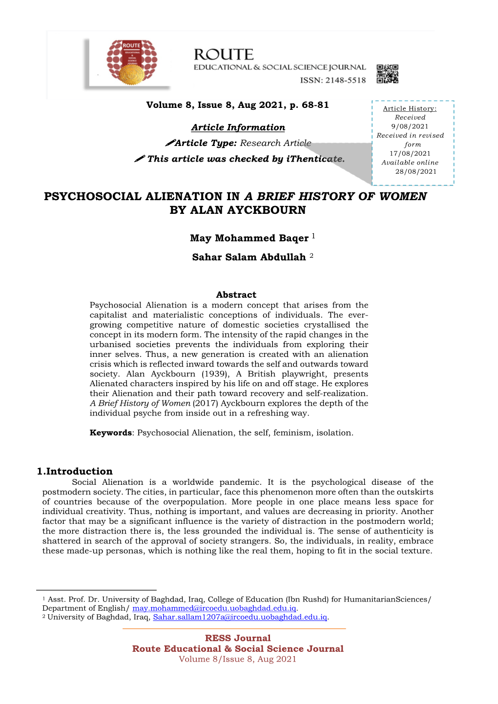 Psychosocial Alienation in a Brief History of Women by Alan Ayckbourn