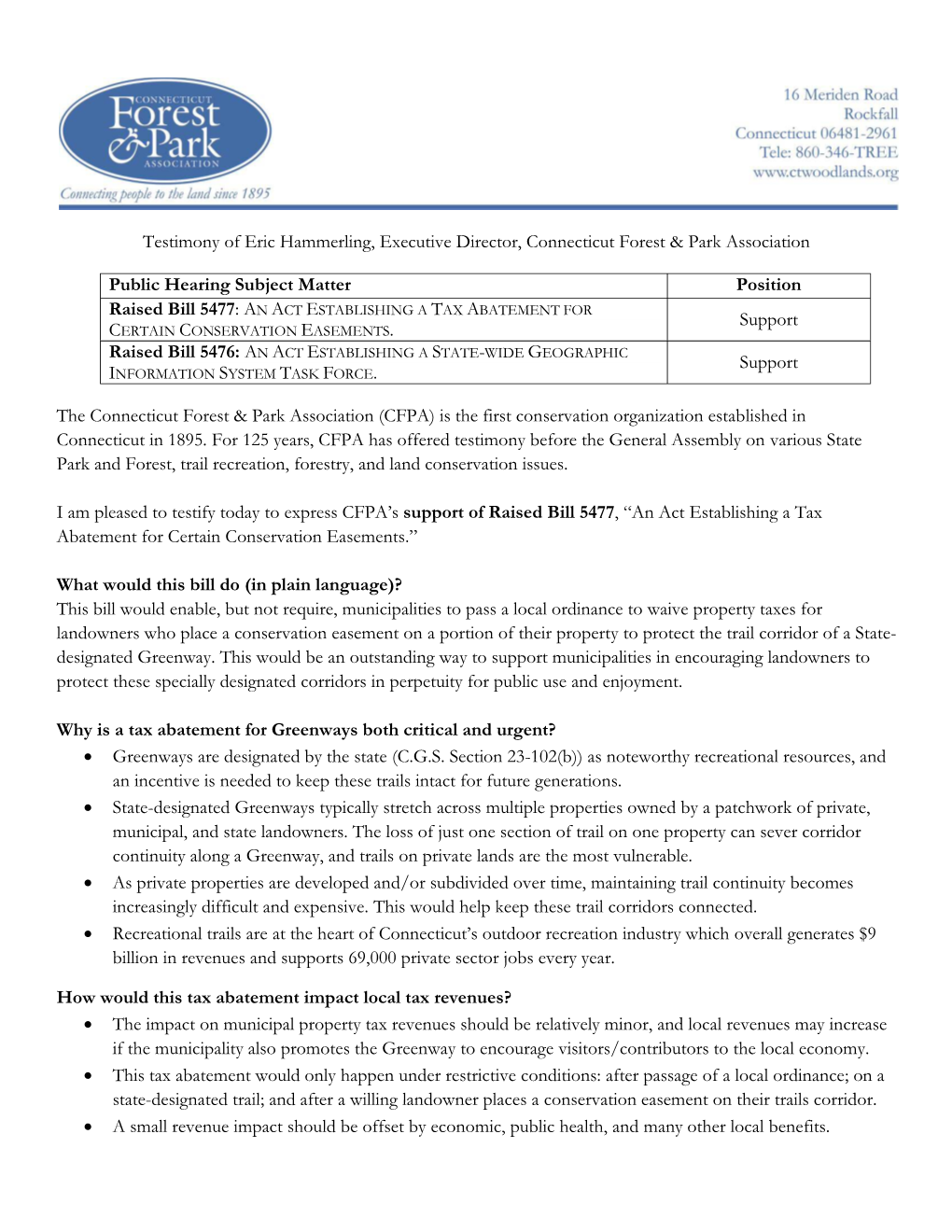 Park Association-Support Act Establishing a Tax Abatement